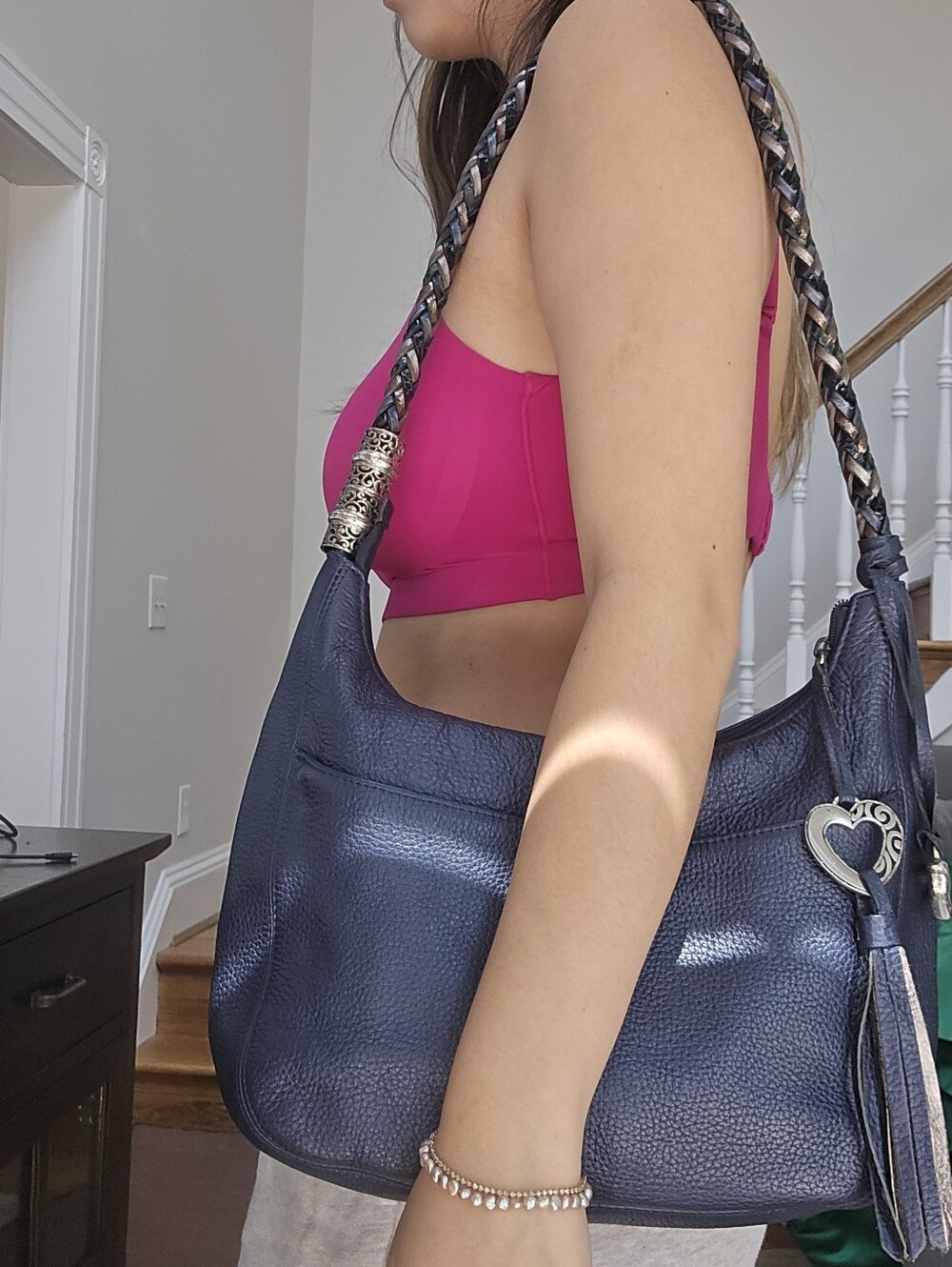 BRIGHTON Barbados Navy Pebbled Ziptop Leather Shoulder Hobo Bag-braided
